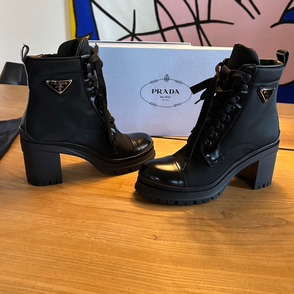 Prada Black Leather and Nylon Lace-up and Zip- up Winter Snow and Dress Boots - Picture 1 of 14